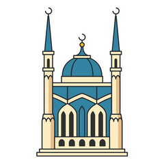 Historic mosque with blue dome and twin minarets. Illustration. Object isolated on white background.