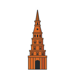 Historic brick tower with tiered levels and pointed spire. Illustration. Object isolated on white background.