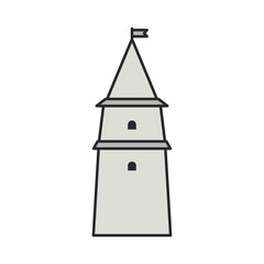 Historic defensive tower with conical roof and flag. Illustration. Object isolated on white background.