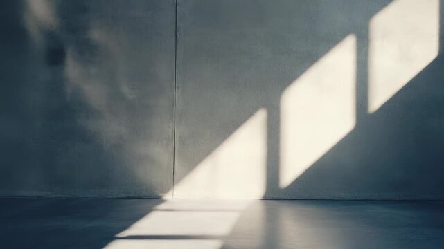 Concrete wall lit by natural sunlight, creating strong geometric shadows on the wall and floor in an empty room, highlighting minimalist interior design