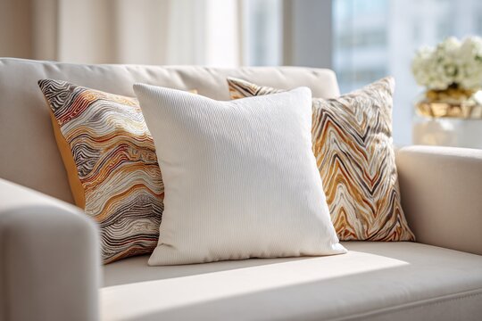 Modern beige sofa with striped and knitted decorative pillows in bright living room