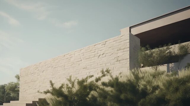 Contemporary residential architecture featuring natural stone cladding, a minimalist design, and abundant green plants and grasses creating a luxurious landscape under a clear sky