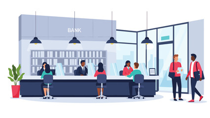 Obraz premium Modern bank interior with professional tellers serving customers and people discussing financial matters at the service counter.