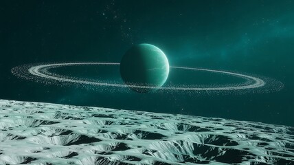 Blue ice giant planet with rings in deep space background.