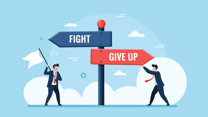 Obraz premium Businessman standing at a crossroads between fighting for his goals or giving up on his professional career and journey.