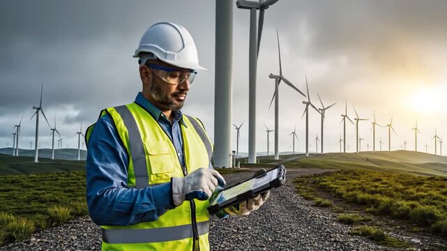 Wind energy engineer at farm.
