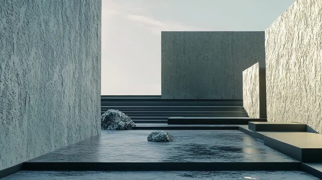 Concrete brutalist architecture featuring rough textures, distinct geometric shapes, and massive rocks on a minimalist exterior, evoking a serene, modern, and abstract aesthetic