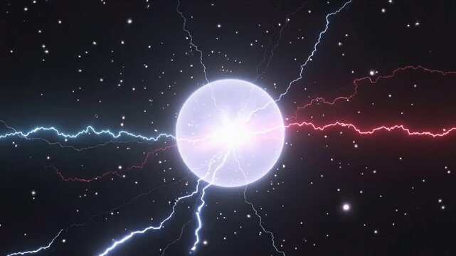 Bright White Energy Sphere Emitting Blue and Red Lightning Strikes abstract background