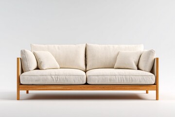 Fototapeta premium Modern minimalist beige sofa with wooden frame and cushions