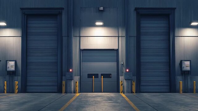 Industrial warehouse exterior at night with multiple loading dock doors, security lights glowing on corrugated metal walls and yellow safety bollards highlighting logistics hub operations
