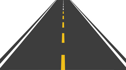 Perspective view of an endless straight asphalt highway with yellow dashed dividing lines on a white background, concept of travel, logistics, and future journey.