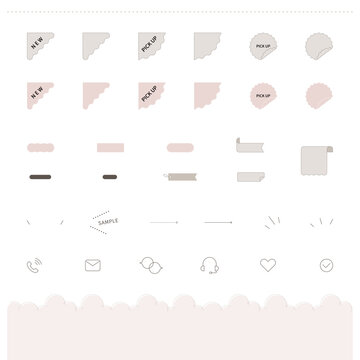 くすみカラーのWebラベル＆アイコン素材セット。NEW・PICK UPタグ・リボン・装飾パーツ。ショッピングサイト・ECサイト用のコーナーリボン、矢印、アイコンのベクター素材セット。Minimal Beige Web Badge, Ribbon and Icon Kit.