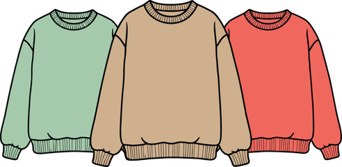 Three oversized crewneck sweatshirts in mint green, beige, and coral pink colors isolated on a white background for fashion apparel mockup and design.Three © MstNasrin