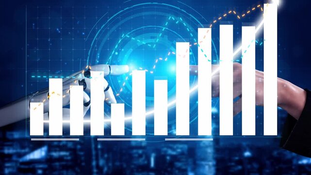 A captivating visual showing a human hand and robotic arm engaging, complemented by a rising graph, symbolizing the fusion of technology and business growth. Copula
