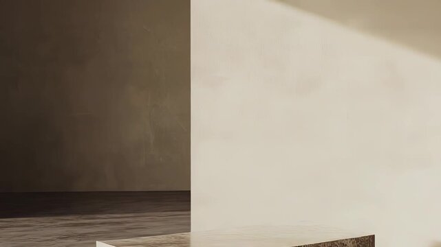 Minimalist concrete platform creating a showcase background with natural sunlight highlighting abstract architectural elements and rough stone textures in an empty room