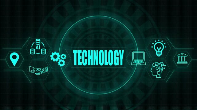Futuristic digital network concept with glowing teal and the word technology in the center against a dark textured background with circular patterns