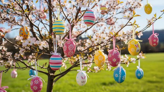 Vibrant, artistically decorated Easter eggs suspended from blooming branches of a cherry blossom tree in a sunlit, verdant meadow during a festive spring celebration.