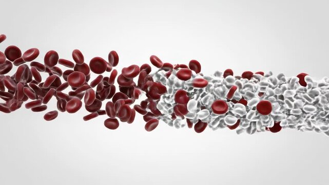 Close-up of numerous red biconcave discs merging with a cluster of irregular light grey cells