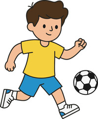 happy young boy playing soccer and kicking a ball