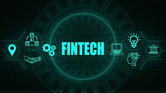 Fintech concept with glowing teal representing finance, technology, data, innovation, and collaboration on a dark futuristic digital background