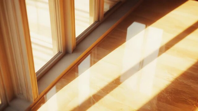 Sunlight beams and window shadows gracefully illuminating a warm patterned marble floor, capturing an elegant play of light and shadow within an opulent interior space during golden hour