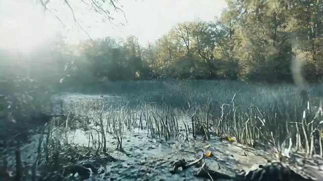 Moody forest wetlands displaying a tranquil swamp ecosystem with still water, surrounded by lush vegetation and submerged fallen autumn foliage, creating a serene environment