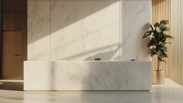 Modern reception desk with marble surface sitting in a luxurious office lobby, featuring minimalist design, wooden slat walls, and a large potted plant, bathed in sunshine