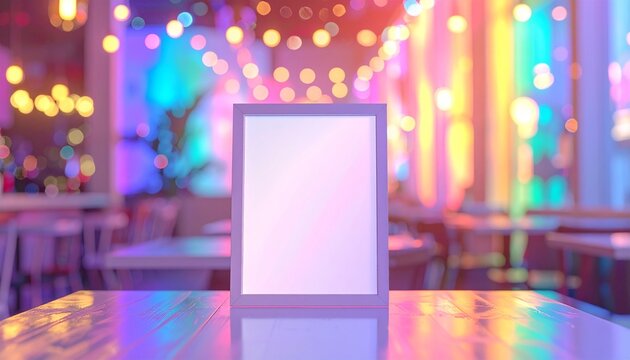 ポップな店内のテーブルに置かれた縦型フレーム、メニューやアートの合成用素材