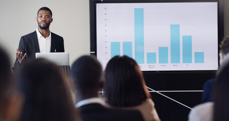 Presentation, audience and man with business people for conference, training and meeting. Corporate...