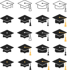 Graduation Cap Icons in Outline and Solid Fill with Tassel Variations academic cap mortarboard