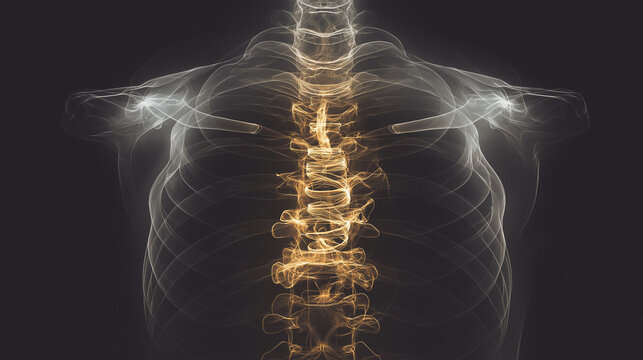 culpability. X-ray silhouette of a human spine with a subtle golden coil ascending within the vertebrae. STEM education sheets, lab safety posters, designed for biotech research communications.