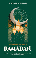 Islamic decoration with crescent arabic lantern arabic lantern and gift box ramadan kareem social media banner with crescent lanterns vertical mobile wallpaper
