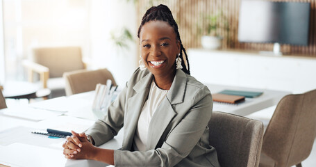Portrait, happy or black woman in boardroom with pride, about us or job in finance industry. Smile,...