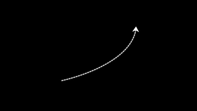 White upward arrow direction animation with dotted path, thin arrowheads set isolated on transparent background, alpha channel, 4K.