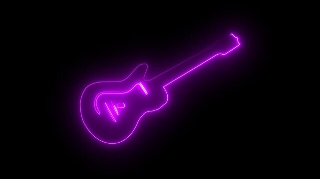 Glowing neon guitar icon animation music neon icon with line design isolated Eye-Catching Neon Electric Bass Guitar animation on black background.4k video