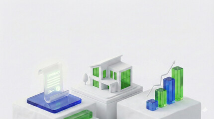 Fototapeta premium 3D rendering of a real estate investment concept featuring a modern house, business contract, and financial growth bar chart, Generative AI