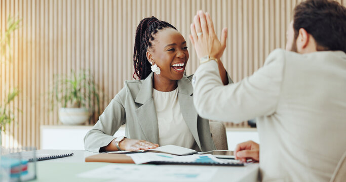 Documents, woman and team with high five in office for campaign success, ROAS target or good news. Digital marketing, manager or man with celebration for positive feedback, brand performance or goals