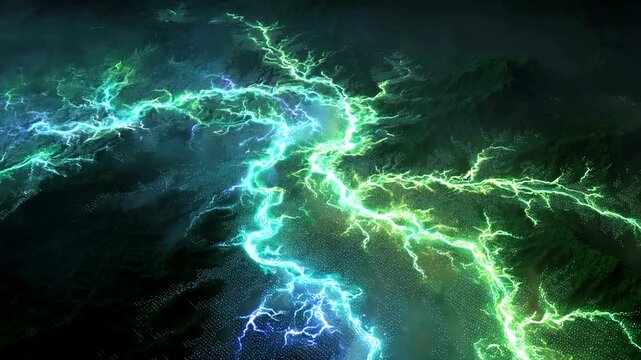 Electric green lightning illuminating dark mountain landscape