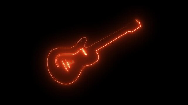 Glowing neon guitar icon animation music neon icon with line design isolated Eye-Catching Neon Electric Bass Guitar animation on black background. 4k animation