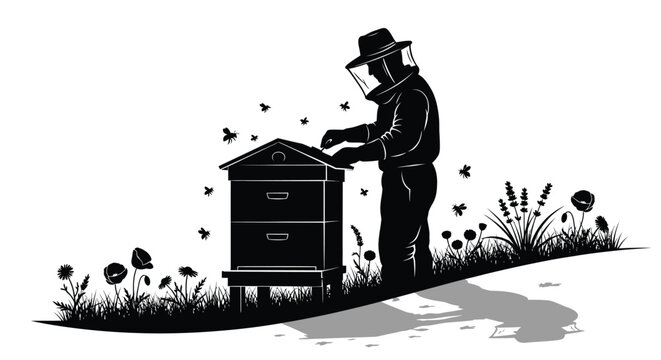 Beekeeper tending to a hive with flowers a striking black silhouette