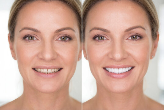 Split comparison of woman smile before and after dental veneers
