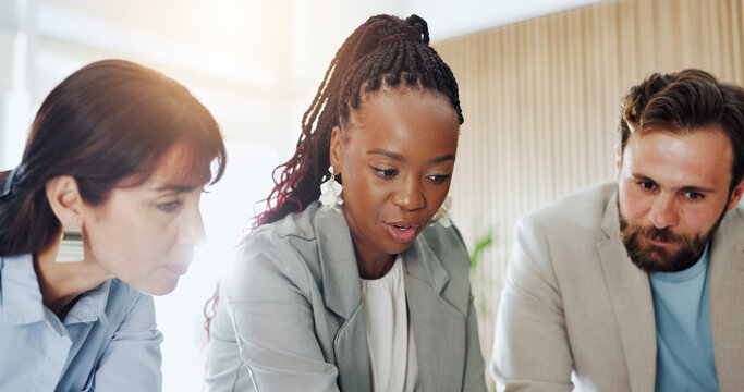 Planning, discussion or business people with meeting in office, collaboration or budget problem solving. Flare, teamwork or staff with brainstorming for project development, talk or decision making
