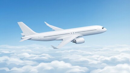 Obraz premium White commercial airplane flying high above fluffy clouds in a clear blue sky.