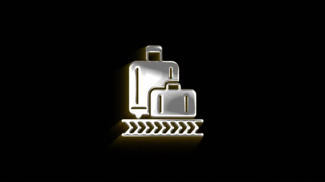 Animated airport baggage carousel icon with suitcases transitions from gold to white glow