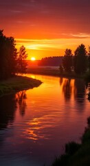 Fototapeta premium Serene sunset over a calm river with trees on both banks