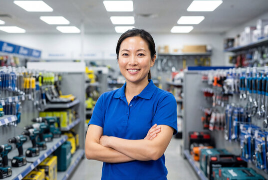 Confident asian saleswoman standing with crossed arms in hardware store