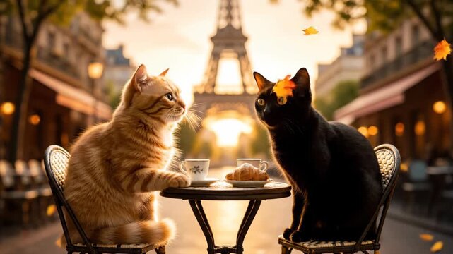 Two cats interacting at an outdoor cafe with the Eiffel Tower in the background, a cozy autumn evening in a european city.