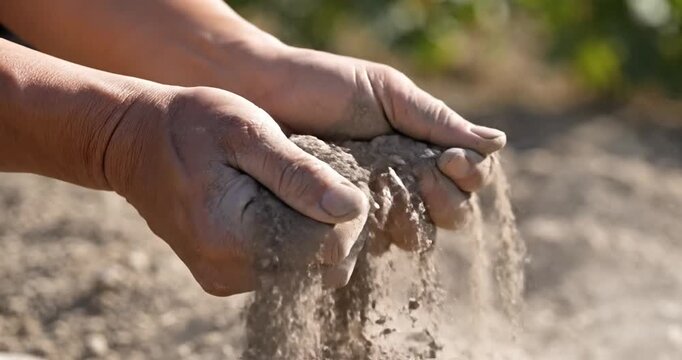 Close-up of hands gently sifting through soil in a lush garden, showcasing nature's richness