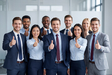 Fototapeta premium Large diverse business team giving thumbs up in corporate office