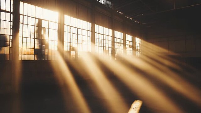 Golden sunlight streams through large grid windows, casting dramatic rays and deep shadows across the empty concrete floor of an abandoned industrial warehouse interior